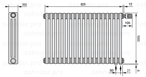 Схема (чертеж) Радиатор Zehnder Charleston 3100/18 №V002 Белый глянцевый RAL 9016